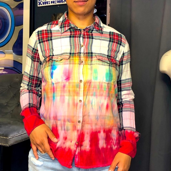 ❤️ L.O.G.G. By H&M dip-dyed tie-dyed plaid shirt 42 / 12 one of one - Picture 2 of 15